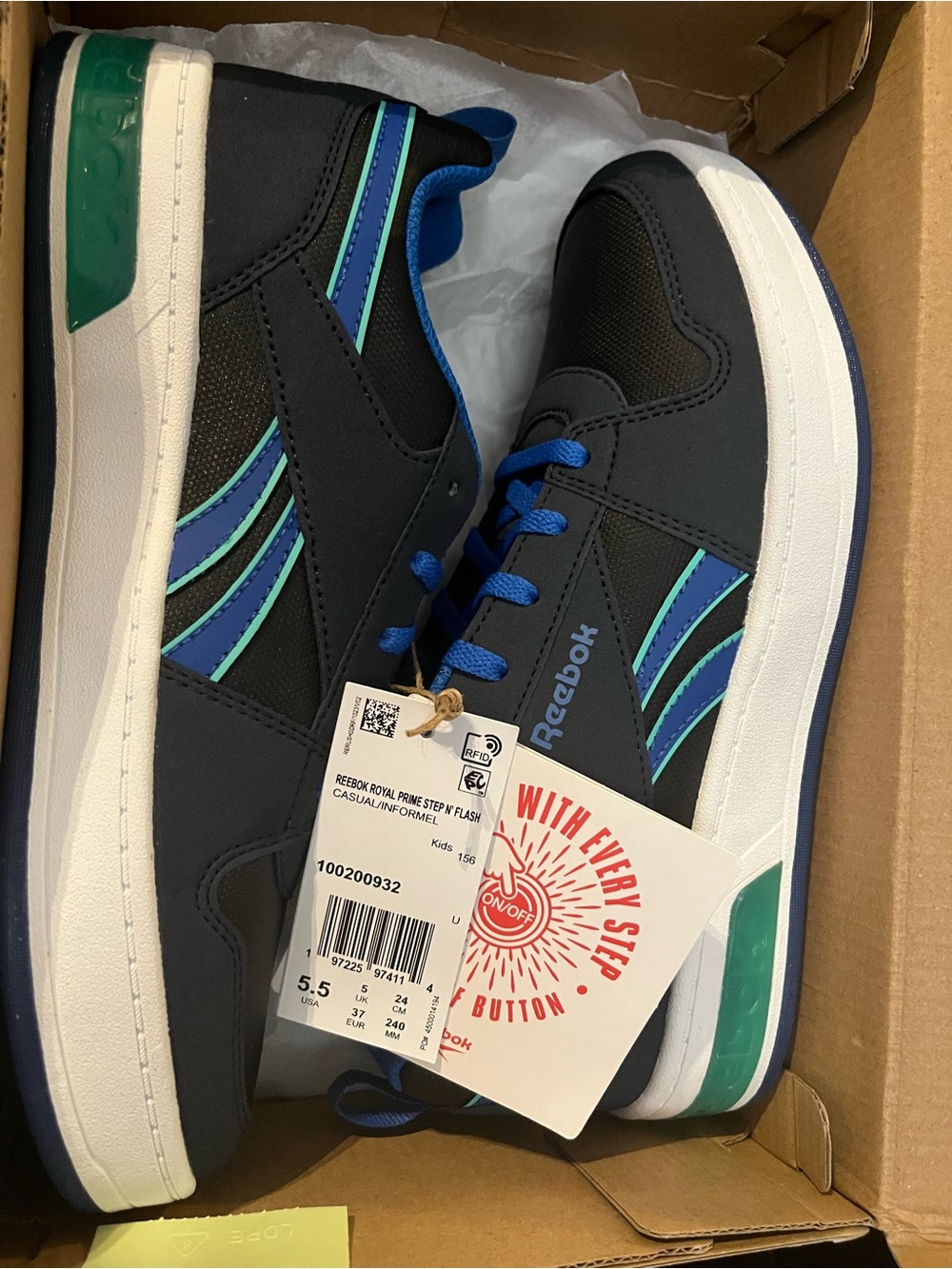 Reebok Royal Prime Step N Flash Boys Youth 5.5 Navy Blue Green Sneakers NIB